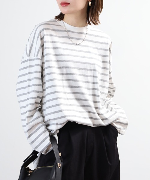 FUNALIVE(ファンアライブ)の「ボーダー オーバーサイズロンT チュニック丈 ドロップショルダー(Tシャツ/カットソー・レディース・ブルー/杢グレー/ブラック・LL~3L/M~L)」の21枚目の写真
