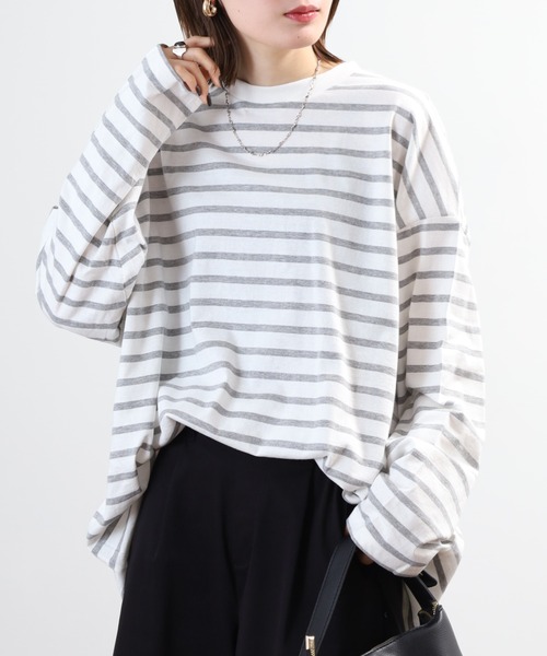 FUNALIVE(ファンアライブ)の「ボーダー オーバーサイズロンT チュニック丈 ドロップショルダー(Tシャツ/カットソー・レディース・ブルー/杢グレー/ブラック・LL~3L/M~L)」の20枚目の写真