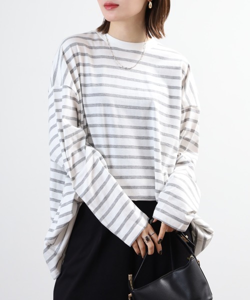 FUNALIVE(ファンアライブ)の「ボーダー オーバーサイズロンT チュニック丈 ドロップショルダー(Tシャツ/カットソー・レディース・ブルー/杢グレー/ブラック・LL~3L/M~L)」の19枚目の写真