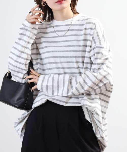 FUNALIVE(ファンアライブ)の「ボーダー オーバーサイズロンT チュニック丈 ドロップショルダー(Tシャツ/カットソー・レディース・ブルー/杢グレー/ブラック・LL~3L/M~L)」の22枚目の写真