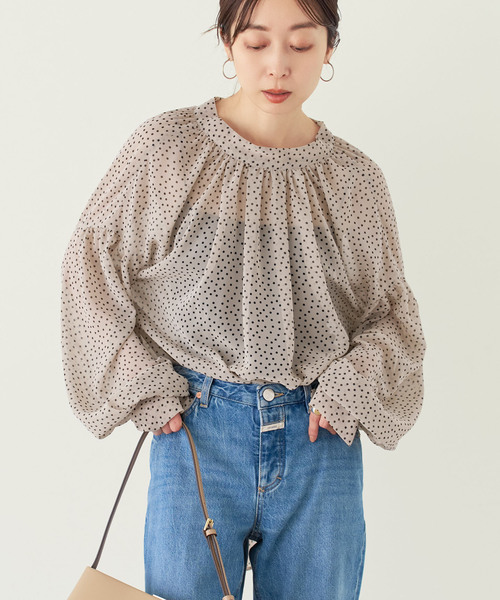 Noble(ノーブル)の「【洗える】ドットシフォンギャザーボウタイブラウス(シャツ/ブラウス・レディース・ブラック/ベージュ・FREE)」の12枚目の写真