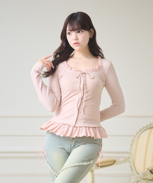 Anely(アネリー)の「フリル レイヤード風 リボン付き デザイン トップス(Tシャツ/カットソー・レディース・ピンク/ブルーグレー・FREE)」の9枚目の写真
