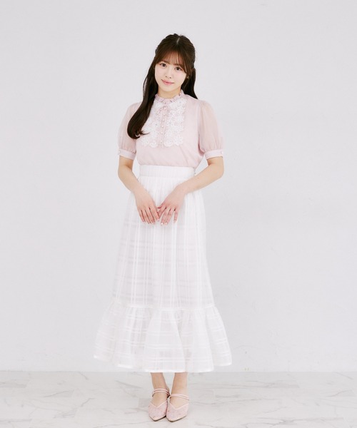 Suyunn（スユン）の「３ＷＡＹリボン付きパール釦シアーチェックロングスカート（スカート・レディース・ピンク/ホワイト・M）」の3枚目の写真