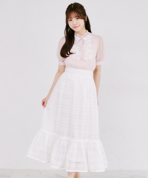 Suyunn（スユン）の「３ＷＡＹリボン付きパール釦シアーチェックロングスカート（スカート・レディース・ピンク/ホワイト・M）」の6枚目の写真