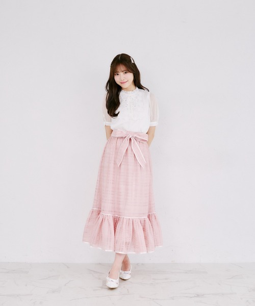 Suyunn（スユン）の「３ＷＡＹリボン付きパール釦シアーチェックロングスカート（スカート・レディース・ピンク/ホワイト・M）」の14枚目の写真