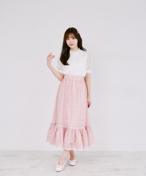 Suyunn（スユン）の「３ＷＡＹリボン付きパール釦シアーチェックロングスカート（スカート・レディース・ピンク/ホワイト・M）」の15枚目の写真