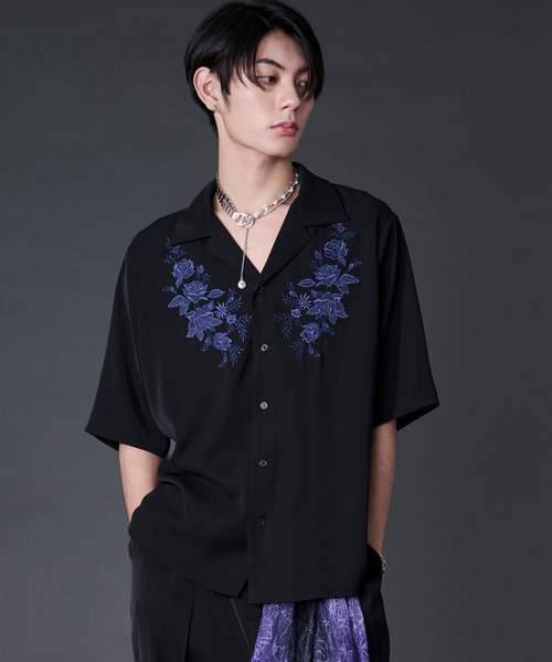 Ellno Loset(エルノロゼット)の「【機能性付き】ローズ刺繍開襟シャツ/SETUP対応(シャツ/ブラウス・メンズ・ブラック/チャコール/オフホワイト・LARGE/MEDIUM/SMALL)」の11枚目の写真