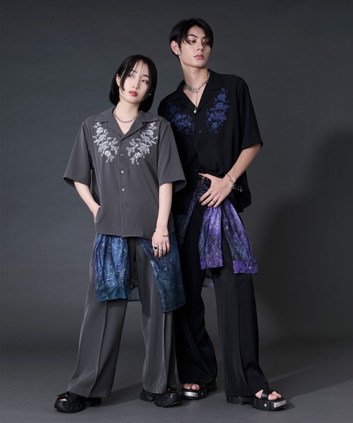 Ellno Loset(エルノロゼット)の「【機能性付き】ローズ刺繍開襟シャツ/SETUP対応(シャツ/ブラウス・メンズ・ブラック/チャコール/オフホワイト・LARGE/MEDIUM/SMALL)」の5枚目の写真