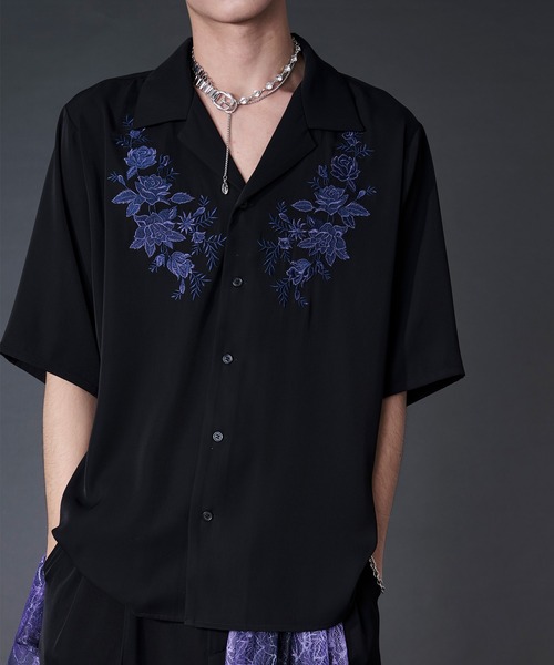 Ellno Loset(エルノロゼット)の「【機能性付き】ローズ刺繍開襟シャツ/SETUP対応(シャツ/ブラウス・メンズ・ブラック/チャコール/オフホワイト・LARGE/MEDIUM/SMALL)」の10枚目の写真