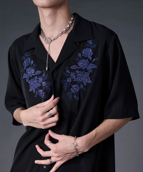 Ellno Loset(エルノロゼット)の「【機能性付き】ローズ刺繍開襟シャツ/SETUP対応(シャツ/ブラウス・メンズ・ブラック/チャコール/オフホワイト・LARGE/MEDIUM/SMALL)」の9枚目の写真