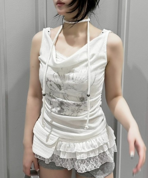 Never mind the XU / Chikashitsu+(ネバーマインド ザ エックスユー / チカシツプラス)の「【nmtc+】Doodle Lace Sleeveless Tee Muffler Set / 【エヌエムティーシープラス】レースマフラーセットノースリーブTシャツ(タンクトップ・レディース・ホワイト/チャコール・ONE SIZE)」の10枚目の写真
