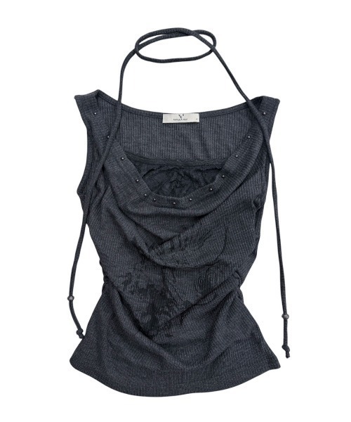 Never mind the XU / Chikashitsu+(ネバーマインド ザ エックスユー / チカシツプラス)の「【nmtc+】Doodle Lace Sleeveless Tee Muffler Set / 【エヌエムティーシープラス】レースマフラーセットノースリーブTシャツ(タンクトップ・レディース・ホワイト/チャコール・ONE SIZE)」の6枚目の写真