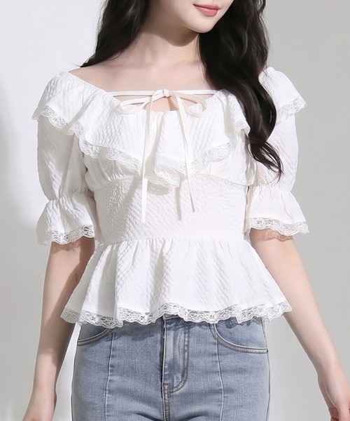DearMyLoveRose（ディアマイラブローズ）の「ラッフルフリルシアーチェックブラウス【大きいサイズあり】【セットアップ対応】（シャツ/ブラウス・レディース・ブルー/ホワイト・LL～3L/L～LL/M-L）」の2枚目の写真