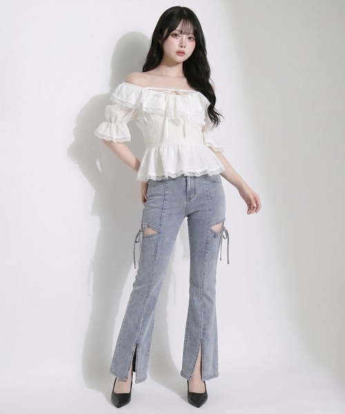 DearMyLoveRose（ディアマイラブローズ）の「ラッフルフリルシアーチェックブラウス【大きいサイズあり】【セットアップ対応】（シャツ/ブラウス・レディース・ブルー/ホワイト・LL～3L/L～LL/M-L）」の4枚目の写真