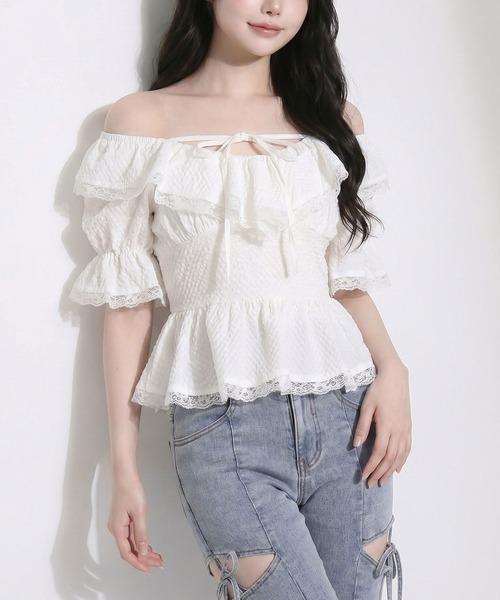 DearMyLoveRose（ディアマイラブローズ）の「ラッフルフリルシアーチェックブラウス【大きいサイズあり】【セットアップ対応】（シャツ/ブラウス・レディース・ブルー/ホワイト・LL～3L/L～LL/M-L）」の5枚目の写真