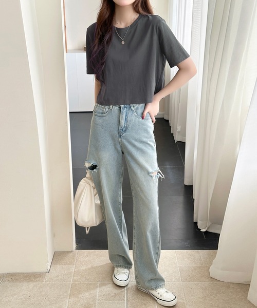 DAY CLOSET(デイ クローゼット)の「【UVカット率98%/UPF50+/汗染み防止/撥水】半袖 バック ワンポイント ボックス シルエット Tシャツ レディース(Tシャツ/カットソー・レディース・ブラック/ホワイト/チャコールグレー・L/M)」の19枚目の写真