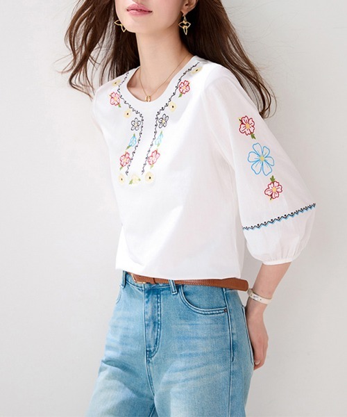 ONEP STAR（ワンピスター）の「カラフル刺繍七分袖ブラウス（シャツ/ブラウス・レディース・ホワイト・X-LARGE/LARGE/MEDIUM）」の7枚目の写真