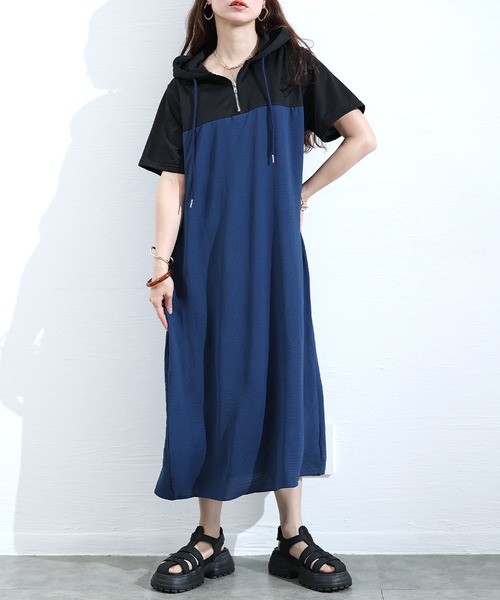 Sawa a la mode(サワアラモード)の「配色切り替えフーディーワンピース(ワンピース・レディース・ブルー/カーキ・FREE)」の2枚目の写真