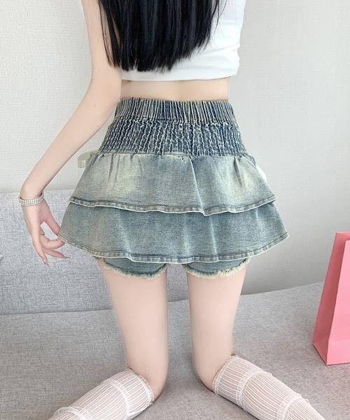 LUCPY（ラクピー）の「リボンベルトティアードデニムミニスカート（スカート・レディース・ブルー/ブラック・LARGE/MEDIUM/SMALL）」の3枚目の写真