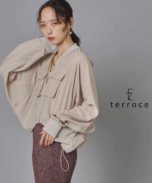 terrace(テラス)の「ストライプガーゼドロストショートジャケット(ブルゾン・レディース・モカ/サンドベージュ/ブラック・FREE)」の3枚目の写真