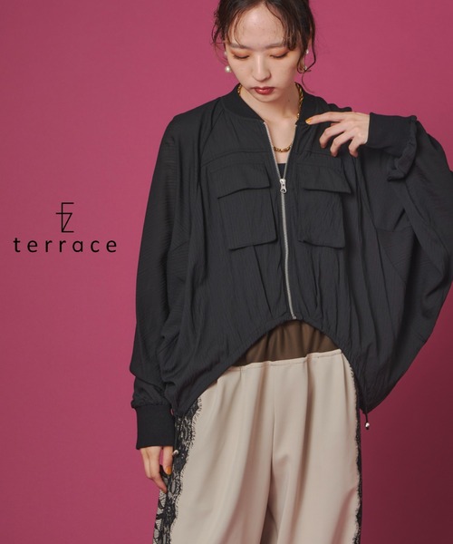 terrace(テラス)の「ストライプガーゼドロストショートジャケット(ブルゾン・レディース・モカ/サンドベージュ/ブラック・FREE)」の1枚目の写真
