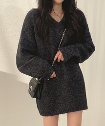 Vネック ロング丈 ニットトップス