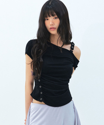 LIE MEQUE（リメーク）の「スナップカーブ アシンメトリーシャーリングTシャツ ブラック（Tシャツ/カットソー）」