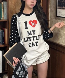水玉袖ハートプリント長袖Tシャツ
