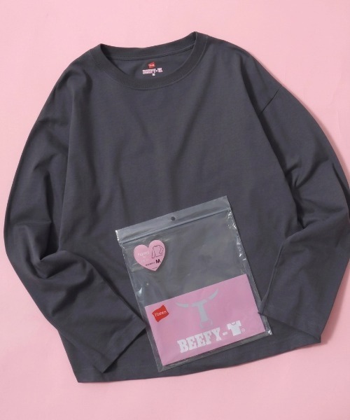 HANES(ヘインズ)の「Hanes(ヘインズ)1P クルーネックロンT BEEFY-T for HER/無地 長袖Tシャツ/パックT(Tシャツ/カットソー・レディース・ピンク/グレー/ホワイト・M/L)」の2枚目の写真