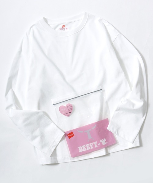 HANES(ヘインズ)の「Hanes(ヘインズ)1P クルーネックロンT BEEFY-T for HER/無地 長袖Tシャツ/パックT(Tシャツ/カットソー・レディース・ピンク/グレー/ホワイト・M/L)」の1枚目の写真