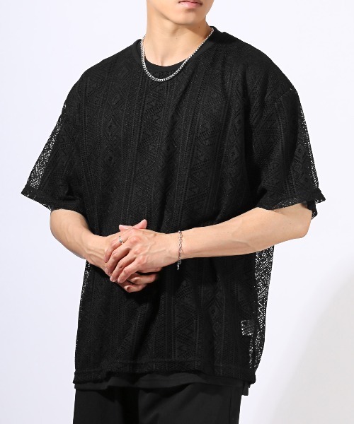 LUXSTYLE(ラグスタイル)の「ネックレス付きレースTシャツアンサンブルセット(アンサンブル・メンズ・ブラック・M/L)」の1枚目の写真