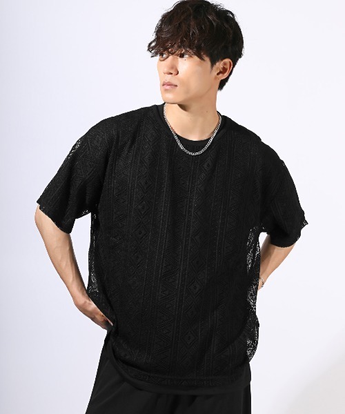 LUXSTYLE(ラグスタイル)の「ネックレス付きレースTシャツアンサンブルセット(アンサンブル・メンズ・ブラック・M/L)」の3枚目の写真