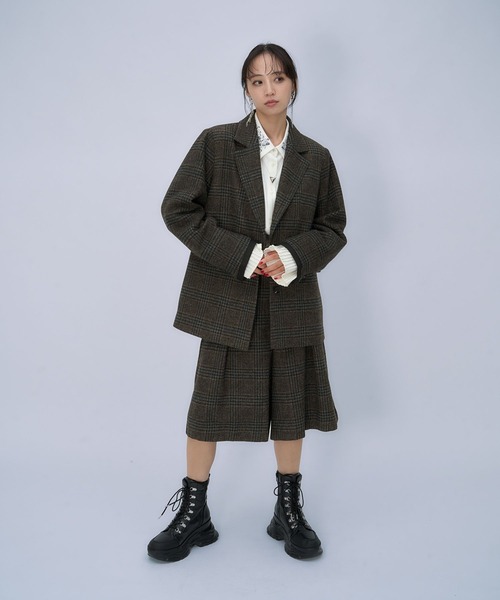 HARE(ハレ)の「ウールチェックレイヤージャケット(HARE)(テーラードジャケット・レディース・ブラウン/ブラック/ボルドー・FREE)」の6枚目の写真