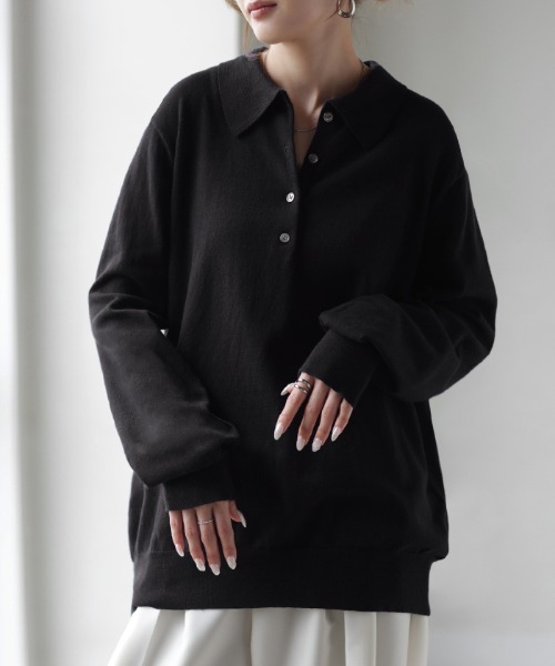 HUG.U(ハグユー)の「素肌感覚 1枚でも重ねでも万能 ポロニット(ニット/セーター・レディース・ブラック/ネイビー/レッド/ミックスグレー/ホワイト・L/M)」の15枚目の写真