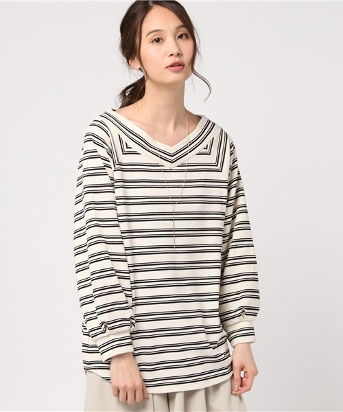 Honeys（ハニーズ）の「ネックレス付 ボリューム袖プルオーバー（Tシャツ/カットソー・レディース・アイボリー/ブラック/ピンク/ホワイト系その他/ブラック×ホワイト・M/L）」の4枚目の写真