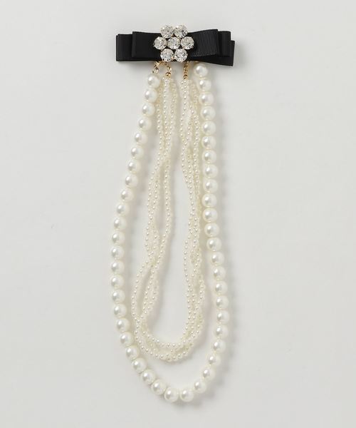 Cupid Heart（キューピッドハート）の「【Cupid Heart】結婚式アクセサリー 2連グログランビジュー×パールネックレス（ネックレス・レディース・ブラック/ベージュ・MEDIUM）」の4枚目の写真