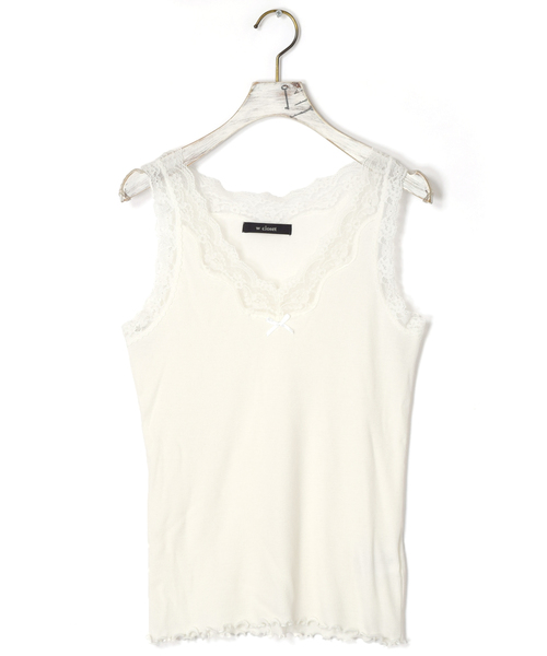 w closet（ダブルクローゼット）の「レース付きVネックタンクトップ_（タンクトップ・レディース・オフホワイト/ピンク/スミクロ/ラベンダー/ブラック/ライトカーキ/レンガ・FREE）」の2枚目の写真