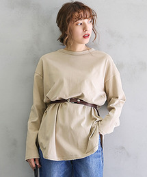 ルーズスリットサイドスリットコットンロングスリーブTシャツ