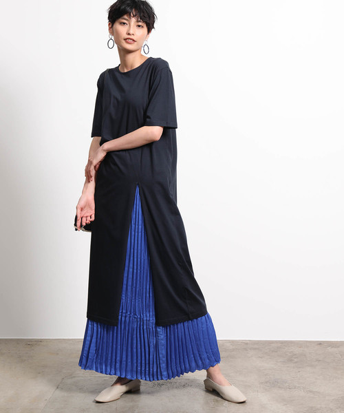 ROPE' mademoiselle(ロペマドモアゼル)の「【19AW】プリーツスカートレイヤードTシャツワンピース(ワンピース)」|ネイビー