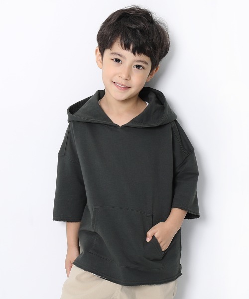 devirock(デビロック)の「切りっぱなしミニ裏毛7分袖パーカー(パーカー・キッズ・パープル/カーキ/ライトブラウン/ブルーグレー/モカ/ラベンダー/杢グレー/スミクロ/パープル系その他/ベージュ・80cm/90cm/110cm/100cm/120cm/130cm/140cm/150cm/160cm)」の3枚目の写真