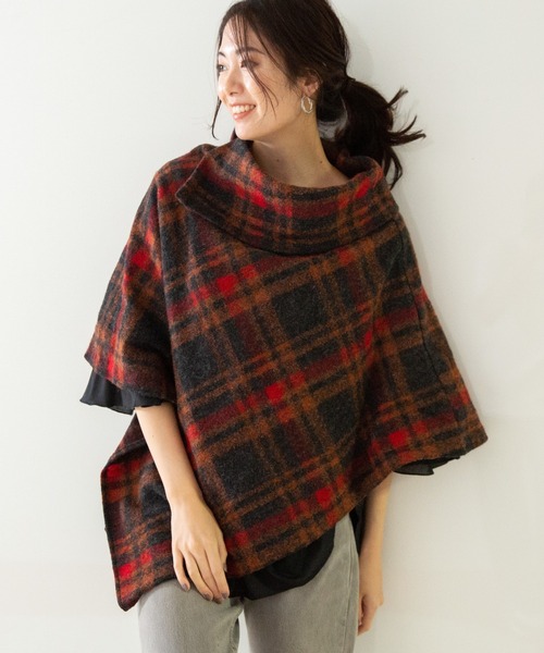 NARACAMICIE(ナラカミーチェ)の「モレットーニチェックアシンメトリ―ポンチョ(ポンチョ)」|レッド