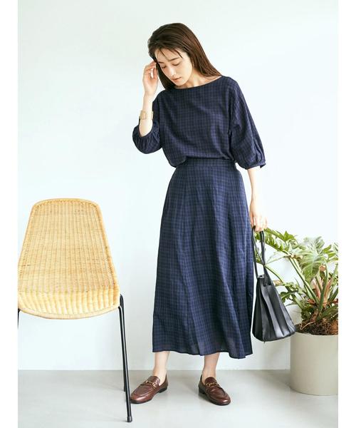 earth music&ecology（アースミュージックアンドエコロジー）の「チェックサッカーセミフレアスカート ＊（スカート・レディース・ミント/ベージュ/ネイビー/ピンク・FREE）」の22枚目の写真