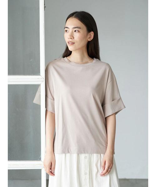 AMERICAN HOLIC（アメリカンホリック）の「袖折り返しクルーネックゆるカットプルオーバー　＊〇（Tシャツ/カットソー・レディース・ブラック/オフホワイト/ピンクベージュ/その他7・FREE）」の3枚目の写真