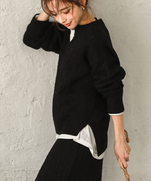 SUGAR BISKET（シュガービスケット）の「ケーブルニットセットアップ（ニット/セーター・レディース・ブラック/ブラウン/ダークグレー/スモークピンク/グレイッシュベージュ・M/L）」の22枚目の写真