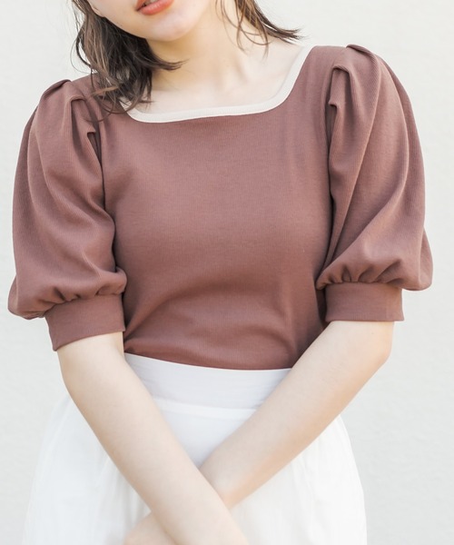 OLIVE des OLIVE（オリーブデオリーブ）の「配色パイピングテレコプルオーバー（Tシャツ/カットソー・レディース・オフホワイト/ブラウン/ブラック系その他/ベージュ・FREE）」の4枚目の写真