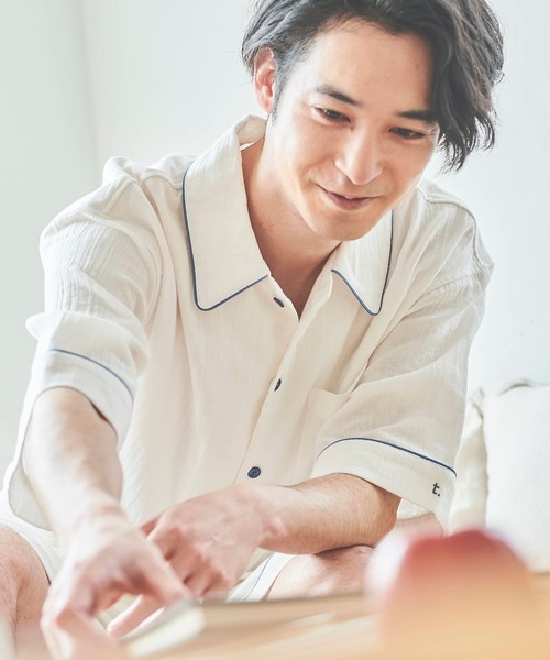 【オーガニックコットン】MENSしあわせWガーゼパジャマセット 半袖×半パン