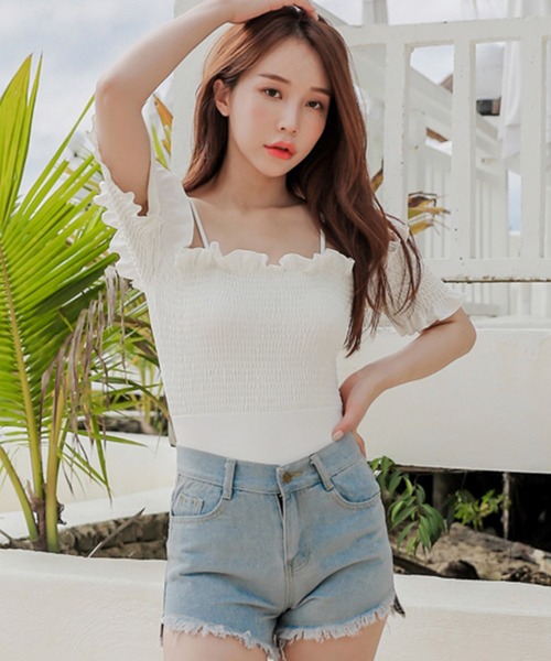 レディース水着 オフショル風フリルワンピース カットオフデニムショートパンツ 2点セット 水着 Teddyshop テディショップ のファッション通販 Zozotown