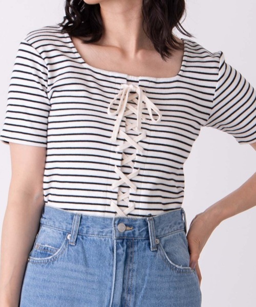 WEGO（ウィゴー）の「WEGO/2WAYレースアップスクエアリブTシャツ（Tシャツ/カットソー・レディース・ホワイト系その他5/サックスブルー・FREE）」の2枚目の写真