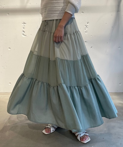 CAMILLE EAU（カミーユオー）の「異素材mixティアードスカート（スカート・レディース・アイボリー/オリーブ・MEDIUM）」の2枚目の写真