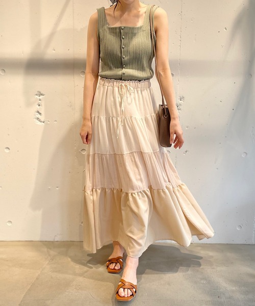 CAMILLE EAU（カミーユオー）の「異素材mixティアードスカート（スカート・レディース・アイボリー/オリーブ・MEDIUM）」の3枚目の写真